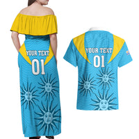 Custom Uruguay Rugby Couples Matching Off Shoulder Maxi Dress and Hawaiian Shirt Los Teros Go 2023 World Cup - Wonder Print Shop