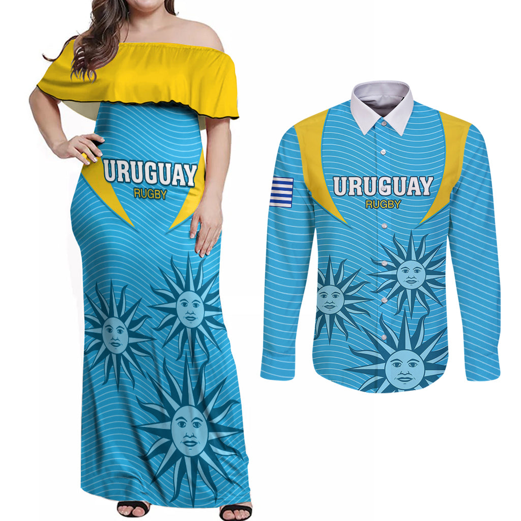 custom-uruguay-rugby-couples-matching-off-shoulder-maxi-dress-and-long-sleeve-button-shirts-los-teros-go-2023-world-cup