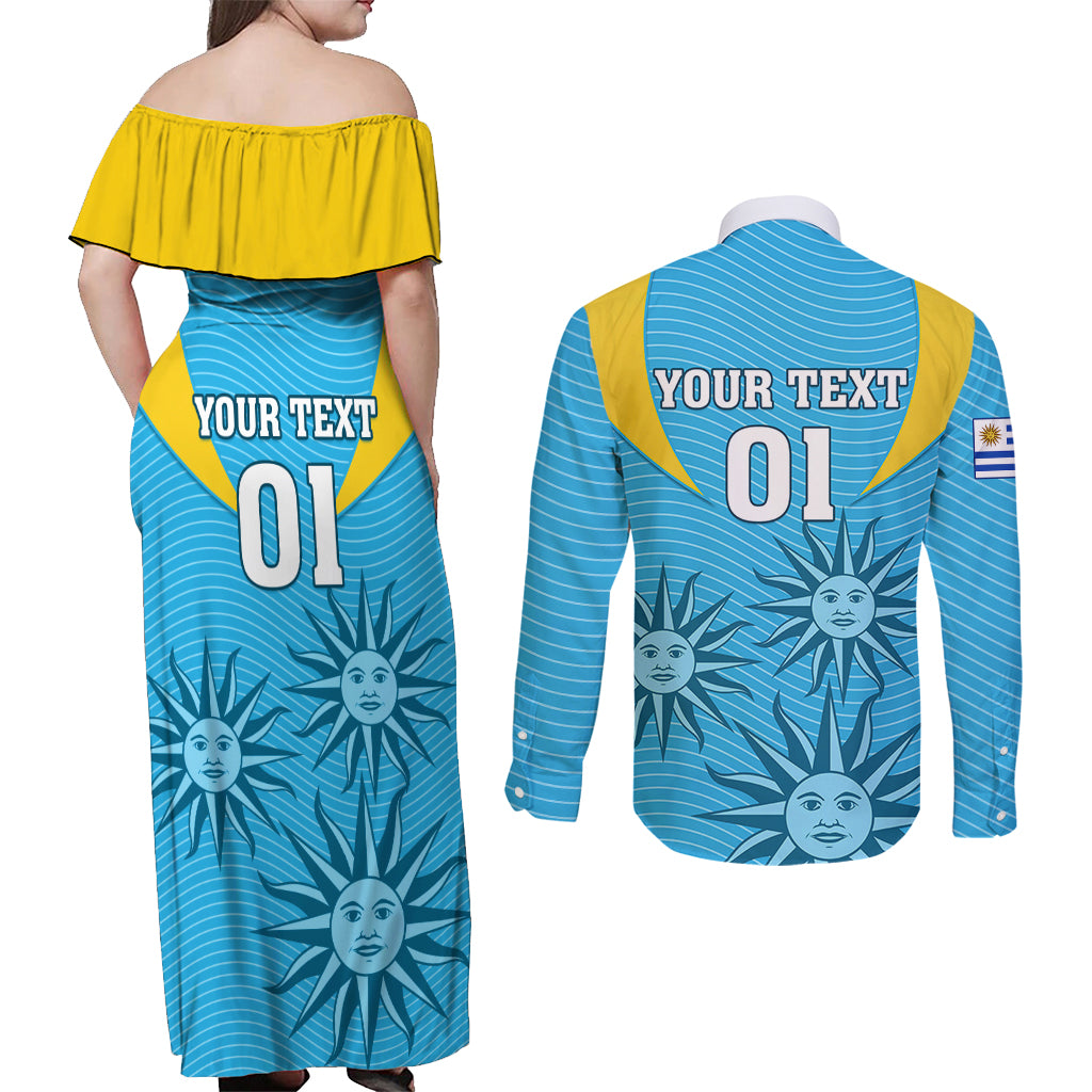 Custom Uruguay Rugby Couples Matching Off Shoulder Maxi Dress and Long Sleeve Button Shirts Los Teros Go 2023 World Cup - Wonder Print Shop