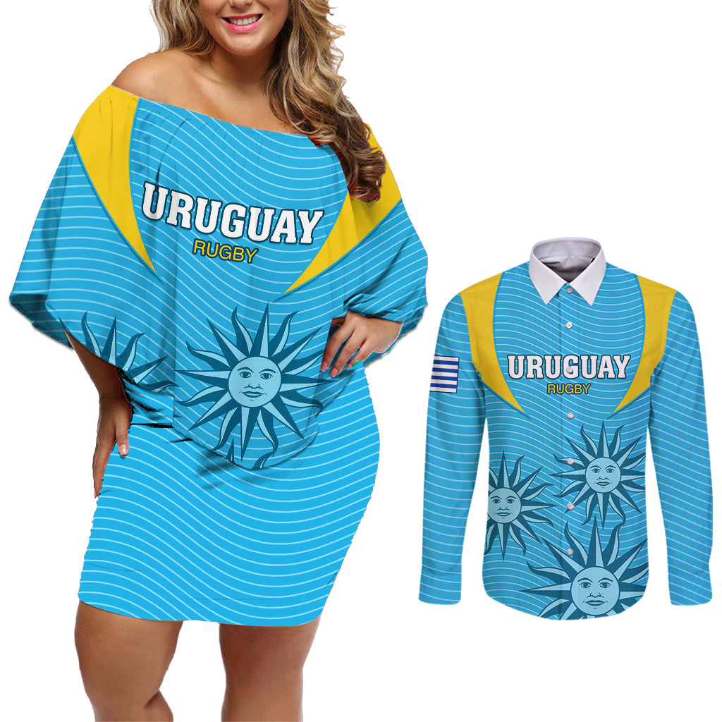 Custom Uruguay Rugby Couples Matching Off Shoulder Short Dress and Long Sleeve Button Shirts Los Teros Go 2023 World Cup - Wonder Print Shop
