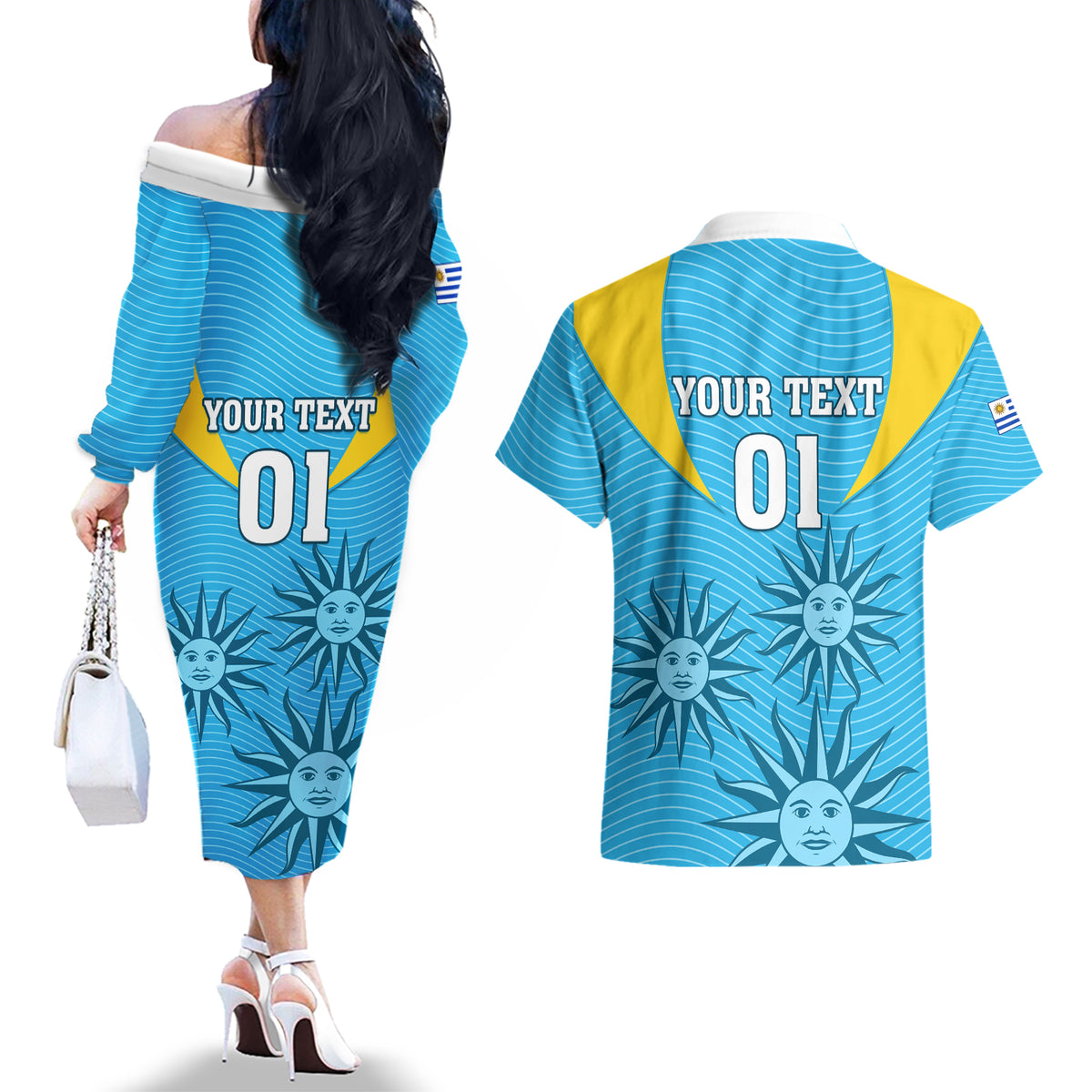 Custom Uruguay Rugby Couples Matching Off The Shoulder Long Sleeve Dress and Hawaiian Shirt Los Teros Go 2023 World Cup - Wonder Print Shop