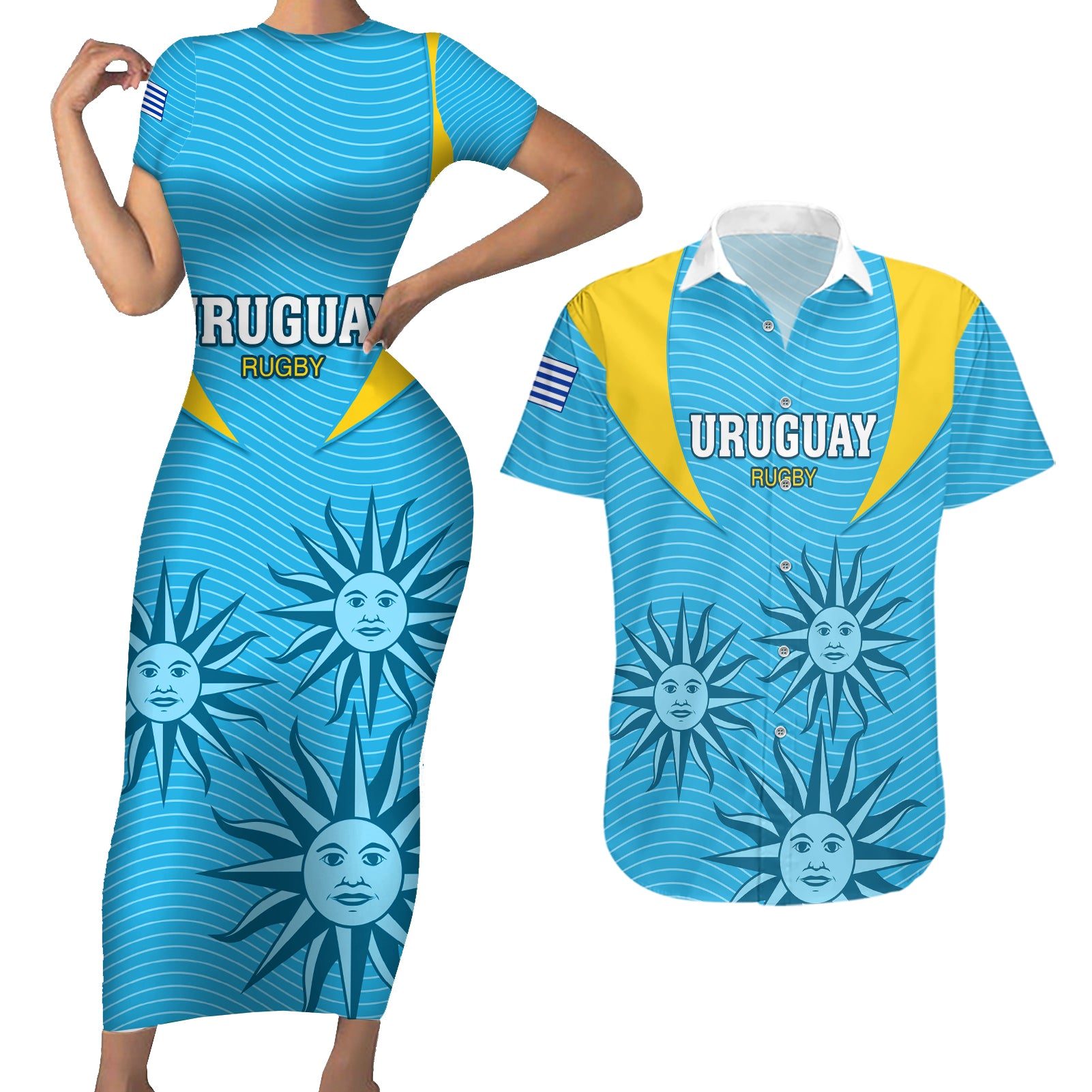 Custom Uruguay Rugby Couples Matching Short Sleeve Bodycon Dress and Hawaiian Shirt Los Teros Go 2023 World Cup - Wonder Print Shop