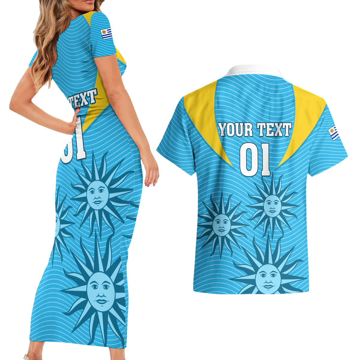 Custom Uruguay Rugby Couples Matching Short Sleeve Bodycon Dress and Hawaiian Shirt Los Teros Go 2023 World Cup - Wonder Print Shop