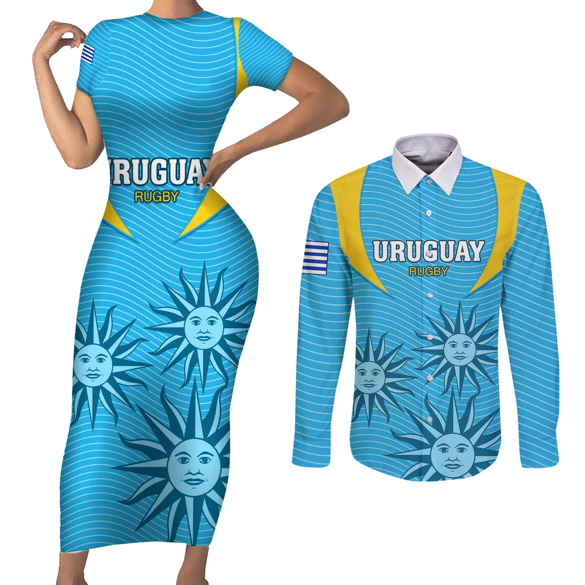 Custom Uruguay Rugby Couples Matching Short Sleeve Bodycon Dress and Long Sleeve Button Shirts Los Teros Go 2023 World Cup - Wonder Print Shop