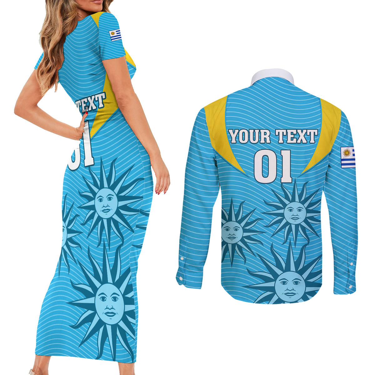 Custom Uruguay Rugby Couples Matching Short Sleeve Bodycon Dress and Long Sleeve Button Shirts Los Teros Go 2023 World Cup - Wonder Print Shop