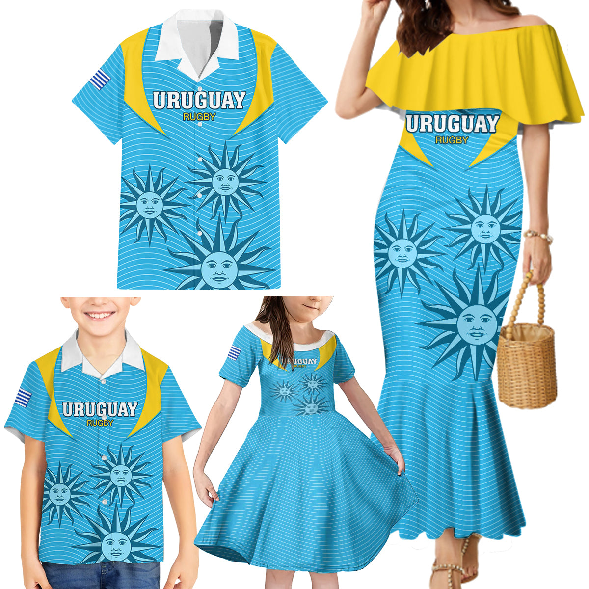 Custom Uruguay Rugby Family Matching Mermaid Dress and Hawaiian Shirt Los Teros Go 2023 World Cup - Wonder Print Shop