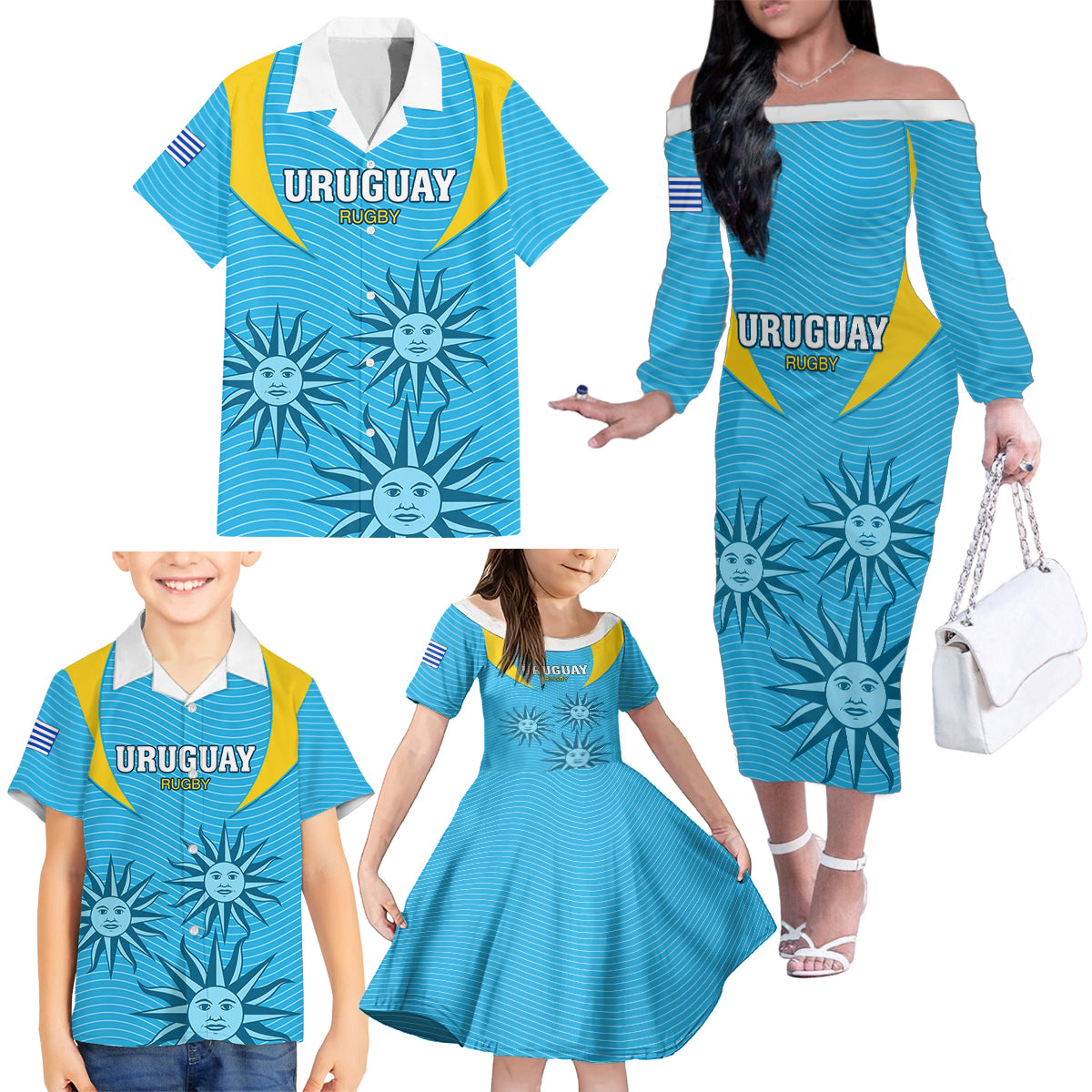Custom Uruguay Rugby Family Matching Off Shoulder Long Sleeve Dress and Hawaiian Shirt Los Teros Go 2023 World Cup - Wonder Print Shop