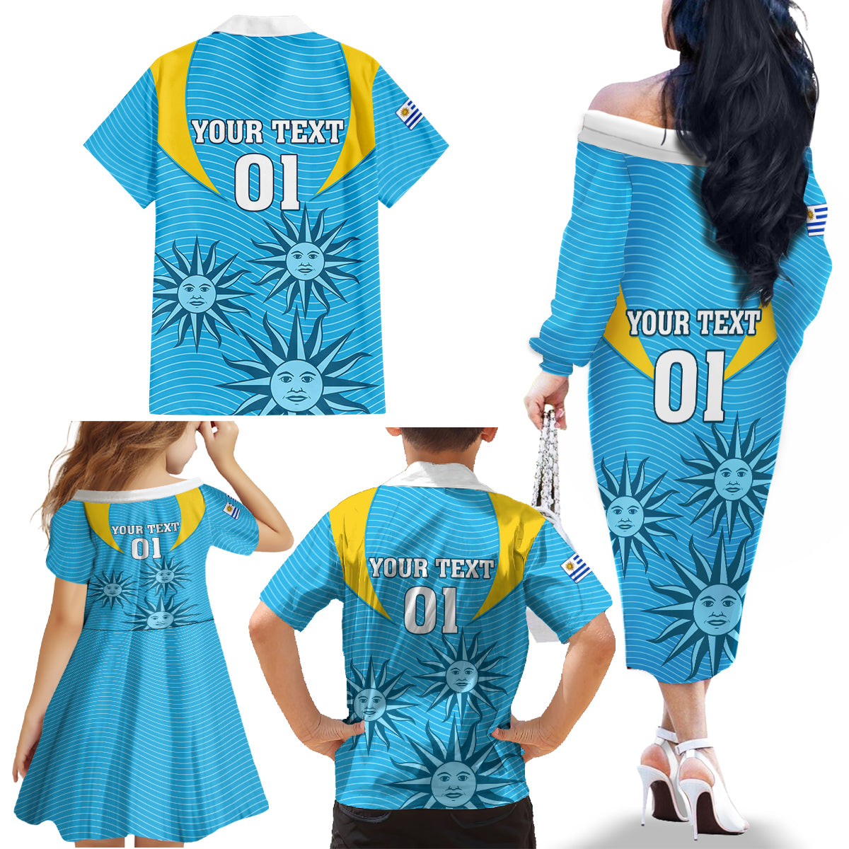 Custom Uruguay Rugby Family Matching Off Shoulder Long Sleeve Dress and Hawaiian Shirt Los Teros Go 2023 World Cup - Wonder Print Shop