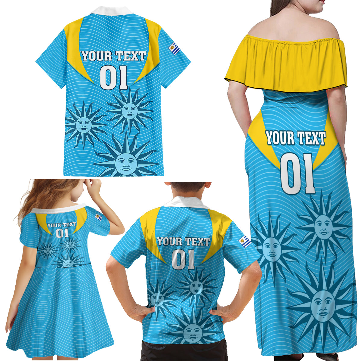 Custom Uruguay Rugby Family Matching Off Shoulder Maxi Dress and Hawaiian Shirt Los Teros Go 2023 World Cup - Wonder Print Shop