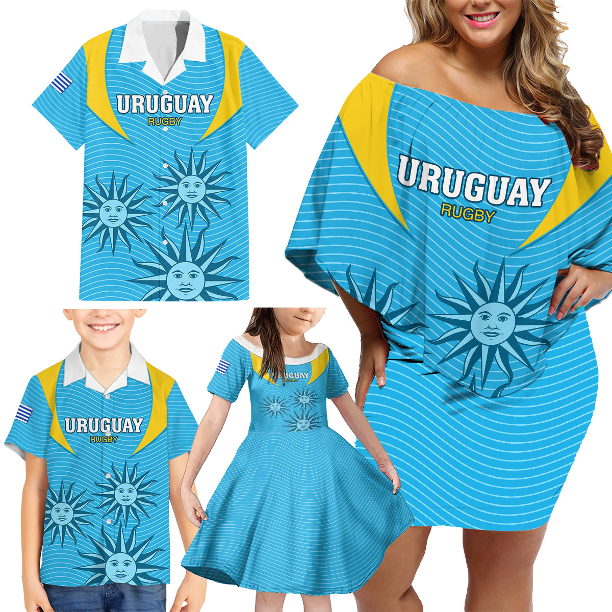 custom-uruguay-rugby-family-matching-off-shoulder-short-dress-and-hawaiian-shirt-los-teros-go-2023-world-cup