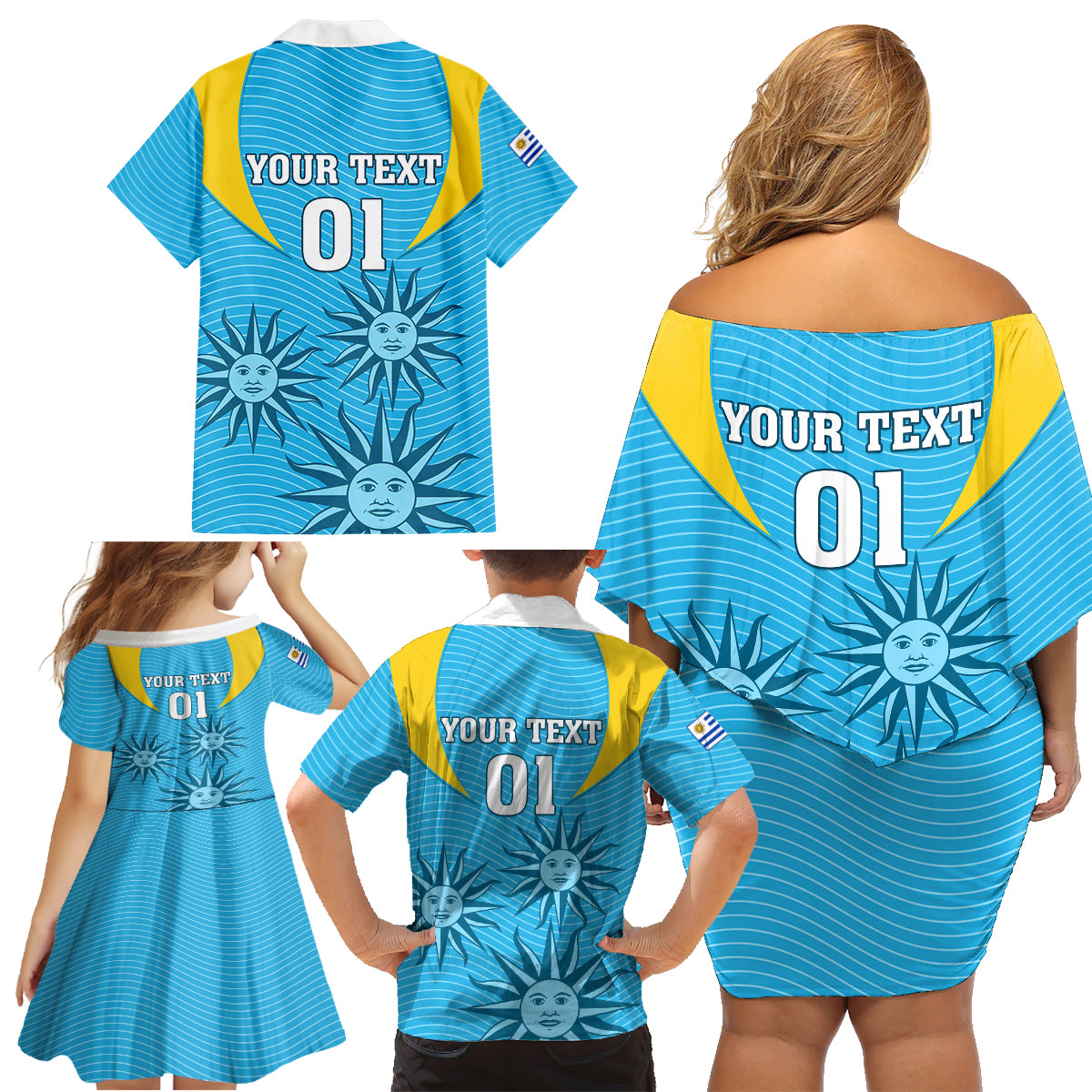 Custom Uruguay Rugby Family Matching Off Shoulder Short Dress and Hawaiian Shirt Los Teros Go 2023 World Cup - Wonder Print Shop