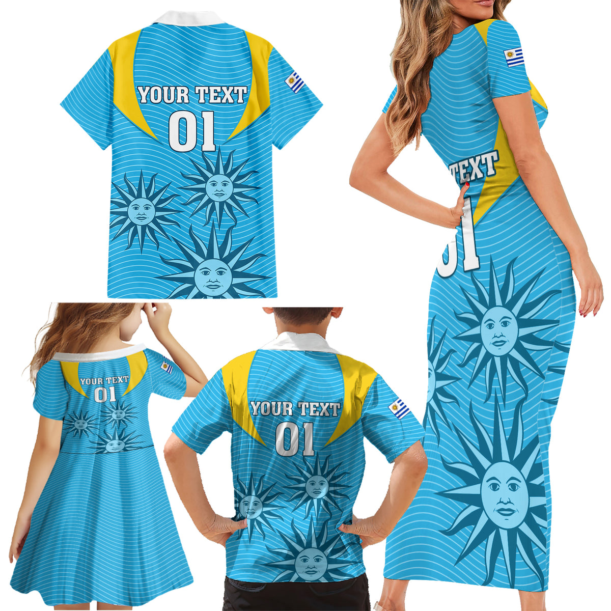 Custom Uruguay Rugby Family Matching Short Sleeve Bodycon Dress and Hawaiian Shirt Los Teros Go 2023 World Cup - Wonder Print Shop