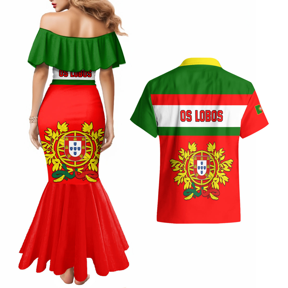 Portugal Rugby Couples Matching Mermaid Dress and Hawaiian Shirt Os Lobos Go 2023 World Cup - Wonder Print Shop