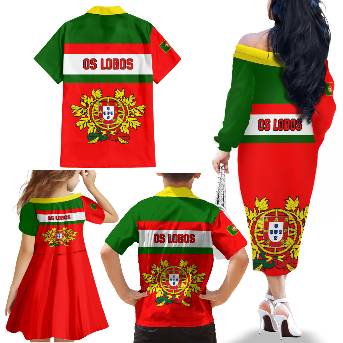 Portugal Rugby Family Matching Off Shoulder Long Sleeve Dress and Hawaiian Shirt Os Lobos Go 2023 World Cup - Wonder Print Shop