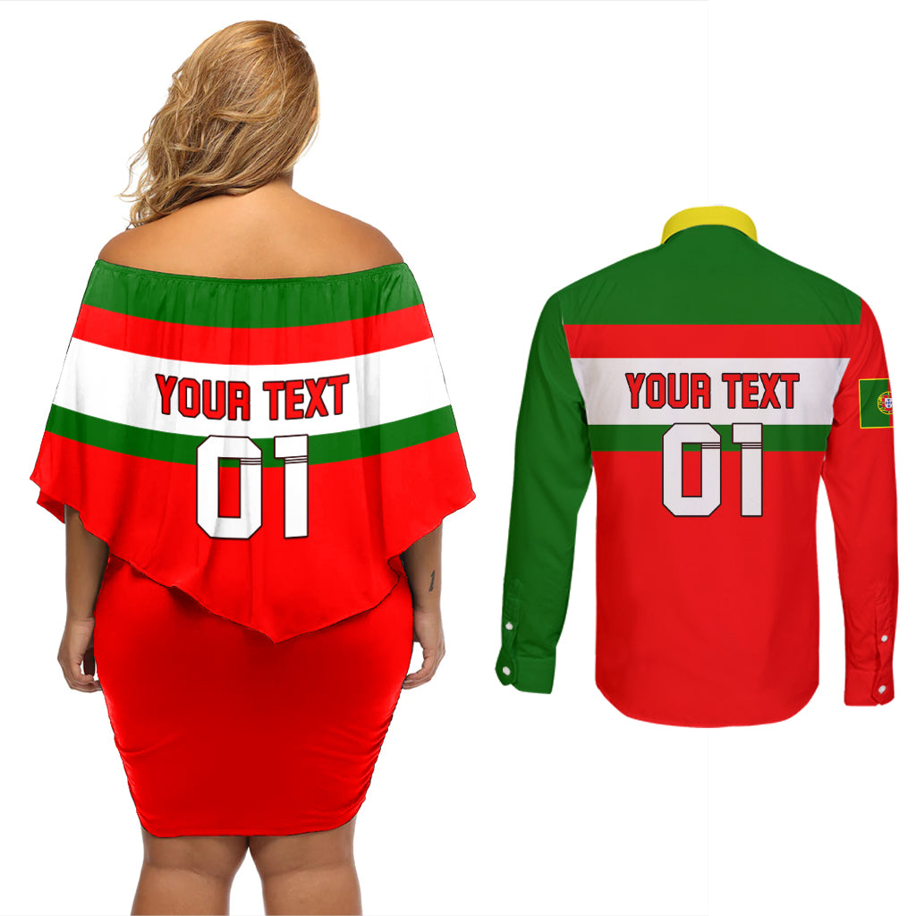 Custom Portugal Rugby Couples Matching Off Shoulder Short Dress and Long Sleeve Button Shirts Os Lobos Go 2023 World Cup - Wonder Print Shop