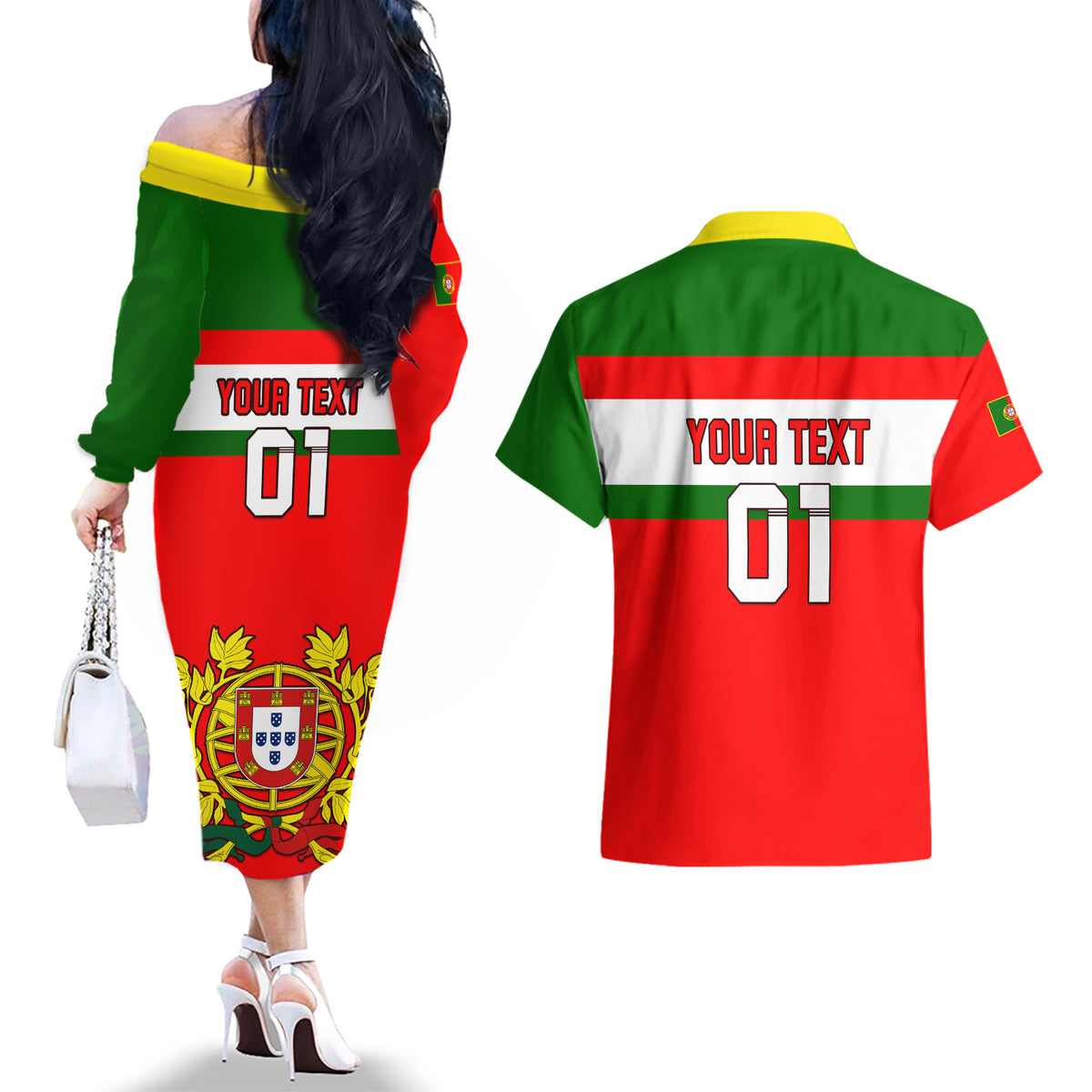 Custom Portugal Rugby Couples Matching Off The Shoulder Long Sleeve Dress and Hawaiian Shirt Os Lobos Go 2023 World Cup - Wonder Print Shop