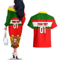 Custom Portugal Rugby Couples Matching Off The Shoulder Long Sleeve Dress and Hawaiian Shirt Os Lobos Go 2023 World Cup - Wonder Print Shop