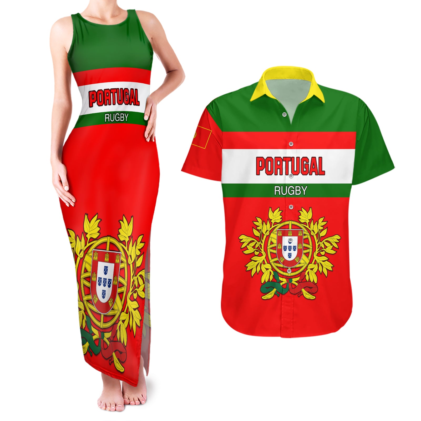 Custom Portugal Rugby Couples Matching Tank Maxi Dress and Hawaiian Shirt Os Lobos Go 2023 World Cup - Wonder Print Shop