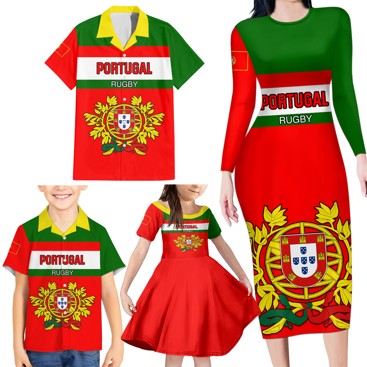 Custom Portugal Rugby Family Matching Long Sleeve Bodycon Dress and Hawaiian Shirt Os Lobos Go 2023 World Cup - Wonder Print Shop