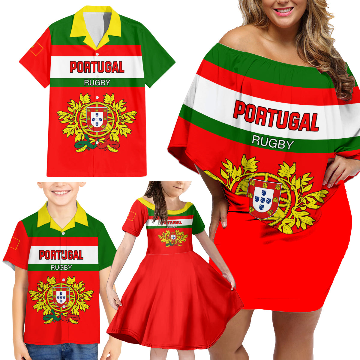 Custom Portugal Rugby Family Matching Off Shoulder Short Dress and Hawaiian Shirt Os Lobos Go 2023 World Cup - Wonder Print Shop