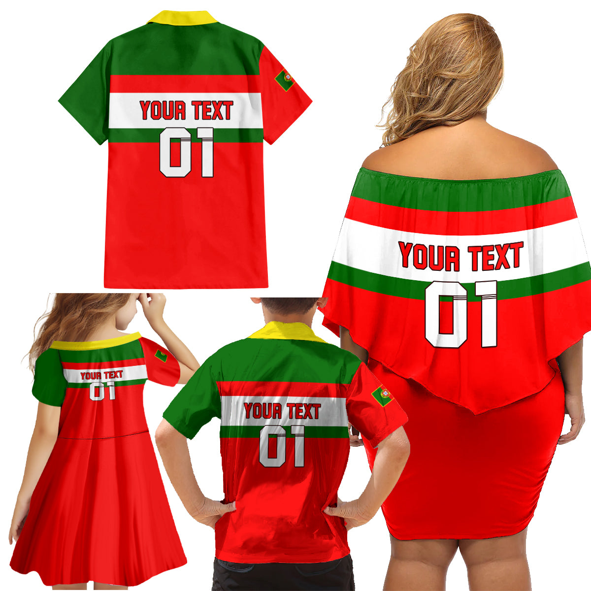 Custom Portugal Rugby Family Matching Off Shoulder Short Dress and Hawaiian Shirt Os Lobos Go 2023 World Cup - Wonder Print Shop
