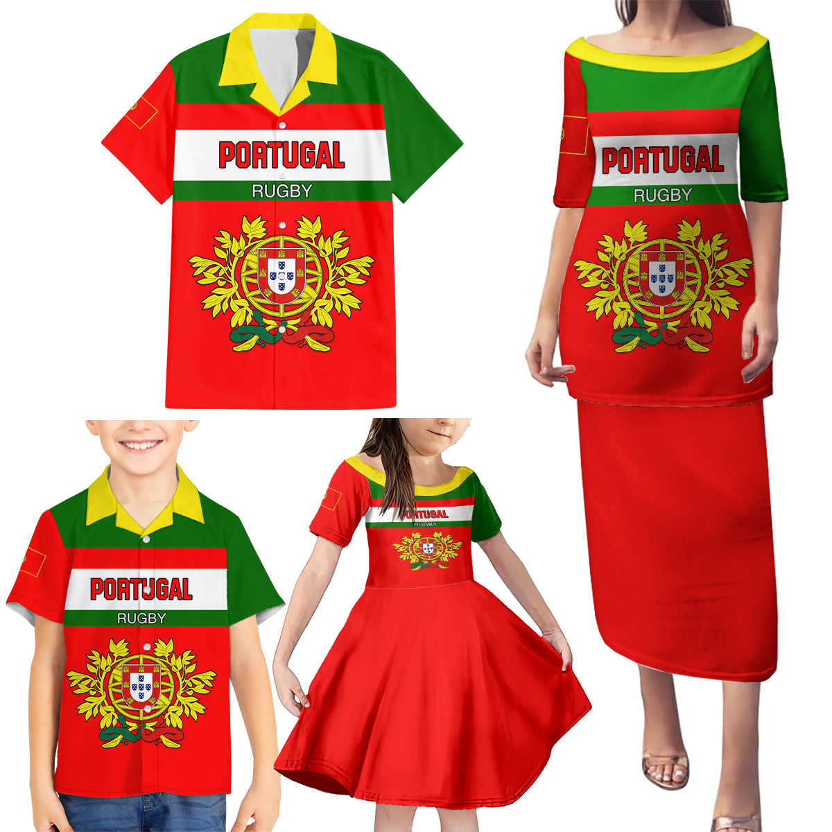 Custom Portugal Rugby Family Matching Puletasi Dress and Hawaiian Shirt Os Lobos Go 2023 World Cup - Wonder Print Shop
