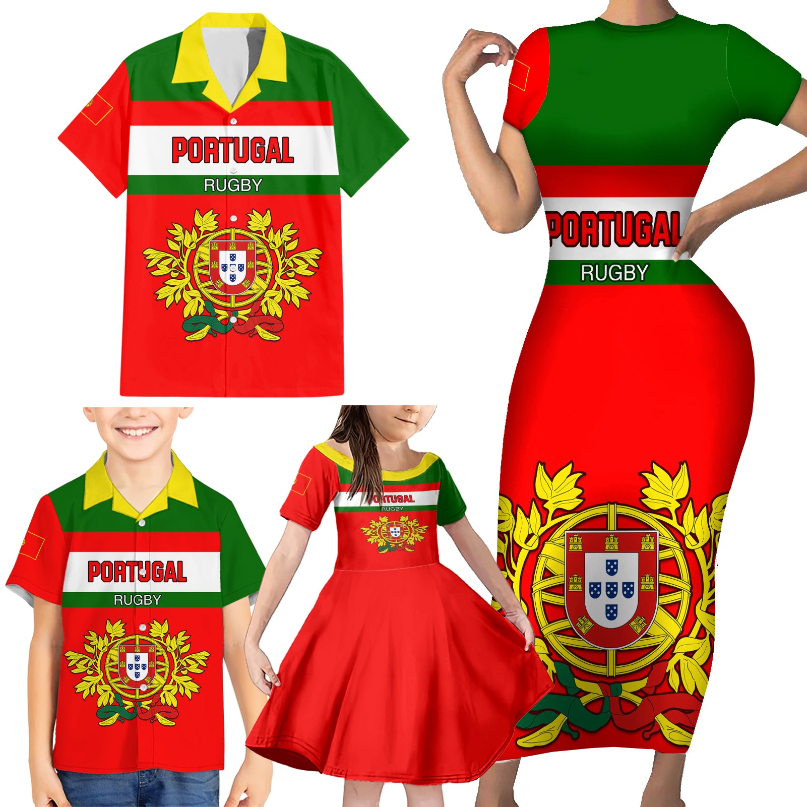 Custom Portugal Rugby Family Matching Short Sleeve Bodycon Dress and Hawaiian Shirt Os Lobos Go 2023 World Cup - Wonder Print Shop
