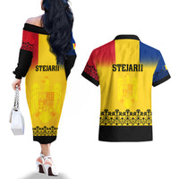 Romania Rugby Couples Matching Off The Shoulder Long Sleeve Dress and Hawaiian Shirt Stejarii Go 2023 World Cup - Wonder Print Shop