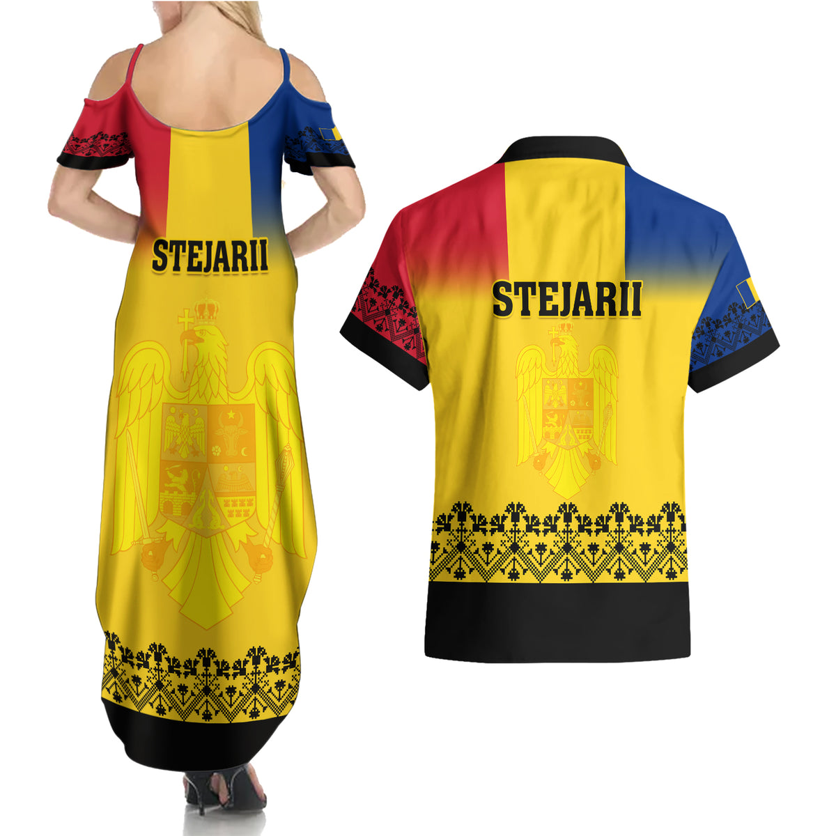 Romania Rugby Couples Matching Summer Maxi Dress and Hawaiian Shirt Stejarii Go 2023 World Cup - Wonder Print Shop