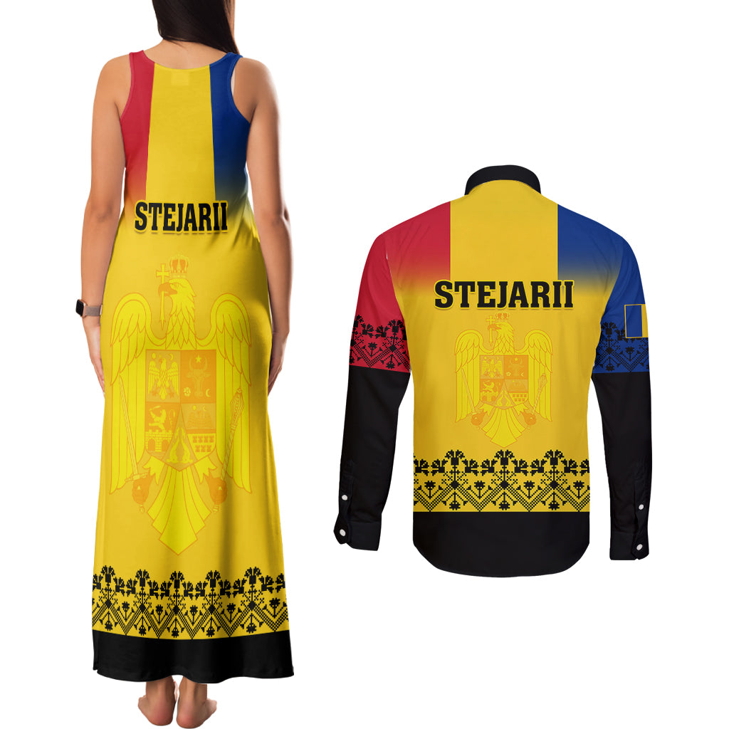 Romania Rugby Couples Matching Tank Maxi Dress and Long Sleeve Button Shirts Stejarii Go 2023 World Cup - Wonder Print Shop