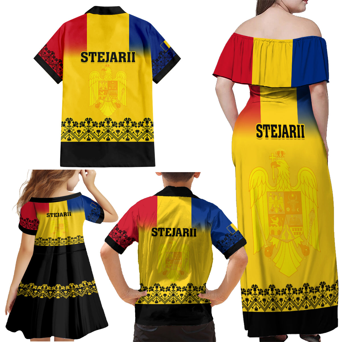 Romania Rugby Family Matching Off Shoulder Maxi Dress and Hawaiian Shirt Stejarii Go 2023 World Cup - Wonder Print Shop