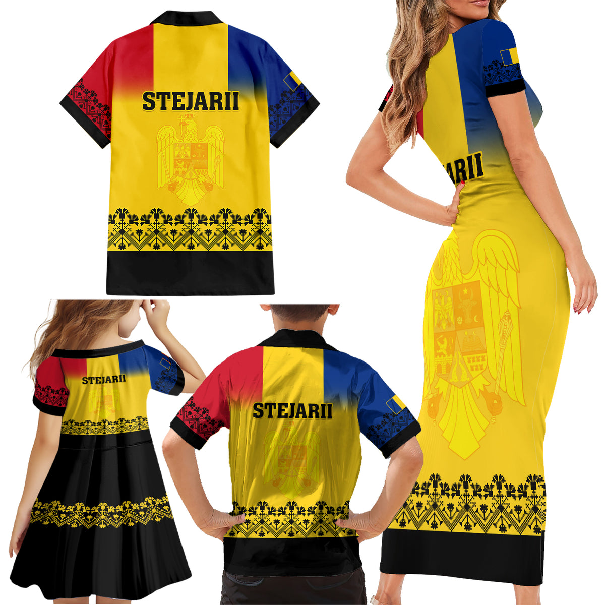 Romania Rugby Family Matching Short Sleeve Bodycon Dress and Hawaiian Shirt Stejarii Go 2023 World Cup - Wonder Print Shop