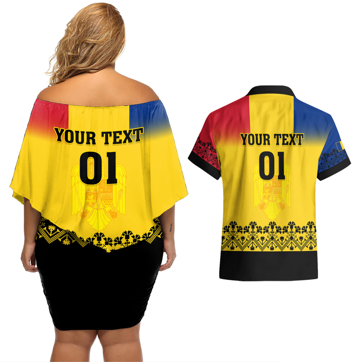 Custom Romania Rugby Couples Matching Off Shoulder Short Dress and Hawaiian Shirt Stejarii Go 2023 World Cup - Wonder Print Shop