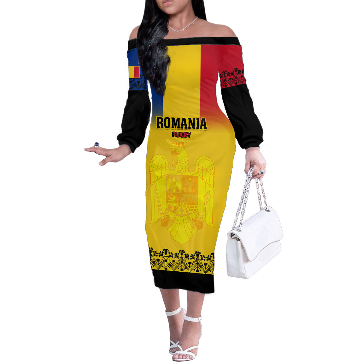 Custom Romania Rugby Family Matching Off Shoulder Long Sleeve Dress and Hawaiian Shirt Stejarii Go 2023 World Cup - Wonder Print Shop