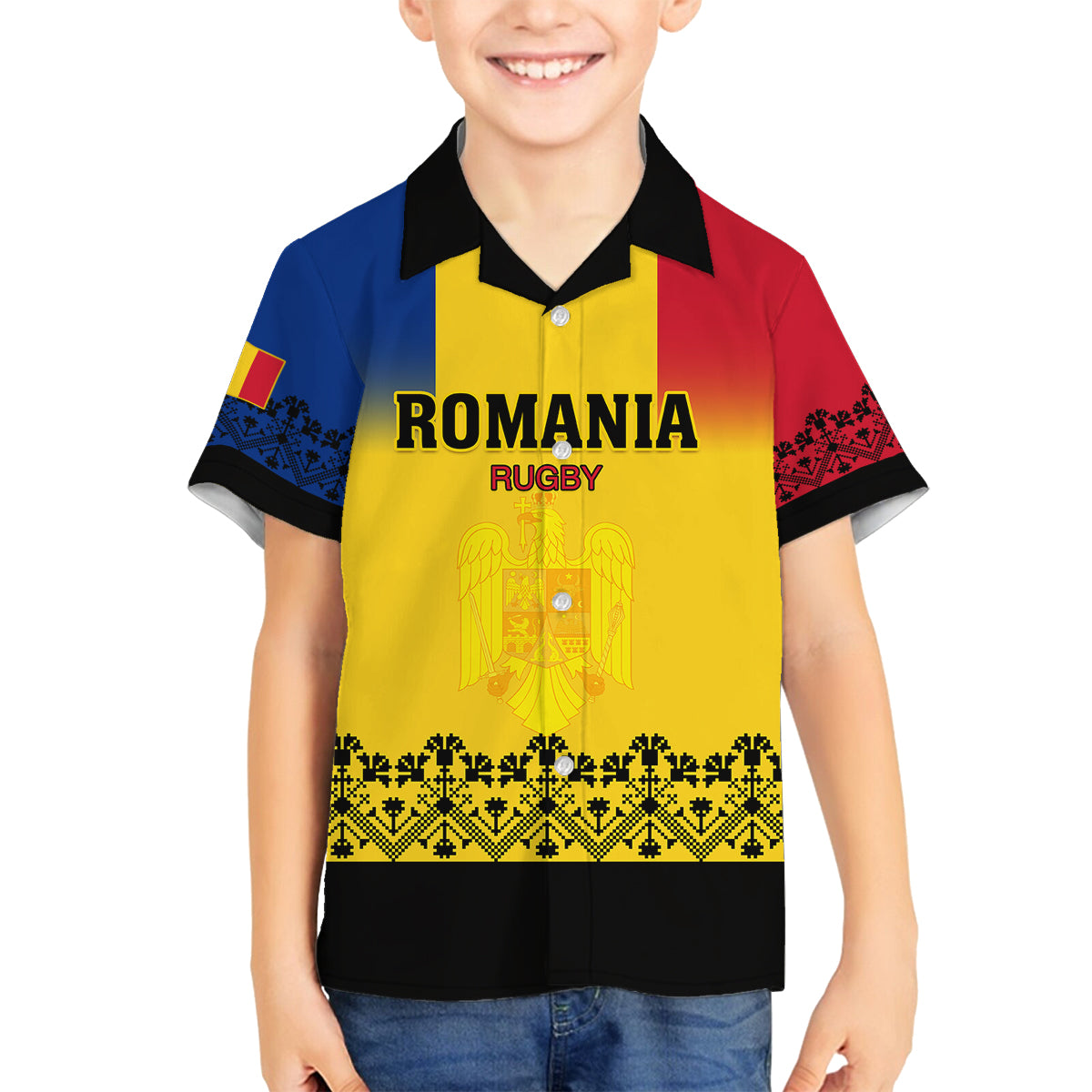 Custom Romania Rugby Family Matching Off Shoulder Long Sleeve Dress and Hawaiian Shirt Stejarii Go 2023 World Cup - Wonder Print Shop