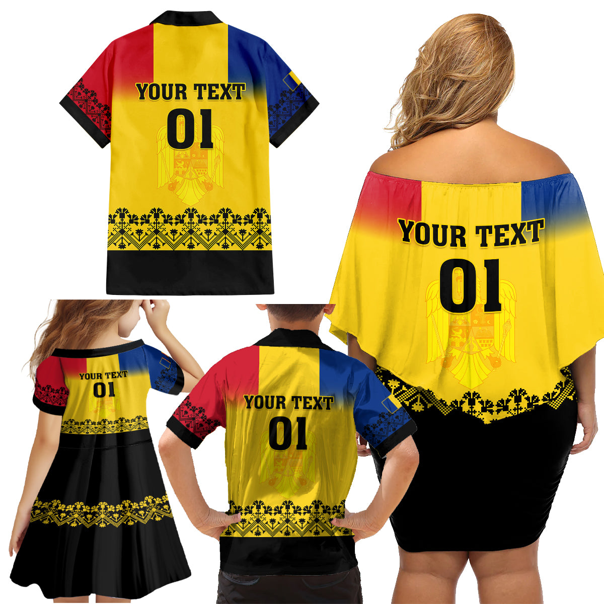 Custom Romania Rugby Family Matching Off Shoulder Short Dress and Hawaiian Shirt Stejarii Go 2023 World Cup - Wonder Print Shop