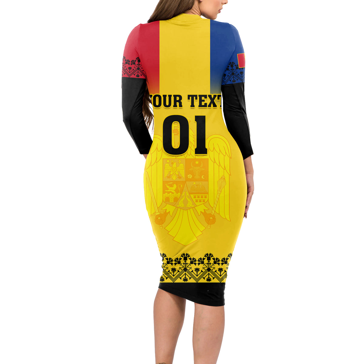 Custom Romania Rugby Long Sleeve Bodycon Dress Stejarii Go 2023 World Cup - Wonder Print Shop