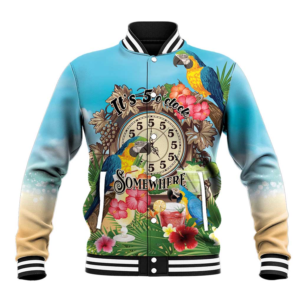Personalized It's 5 o'clock Somewhere Baseball Jacket Hawaiian Tropical Parrots - Wonder Print Shop