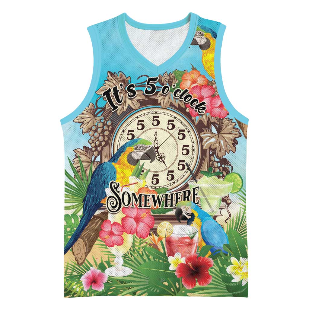 Personalized It's 5 o'clock Somewhere Basketball Jersey Hawaiian Tropical Parrots - Wonder Print Shop
