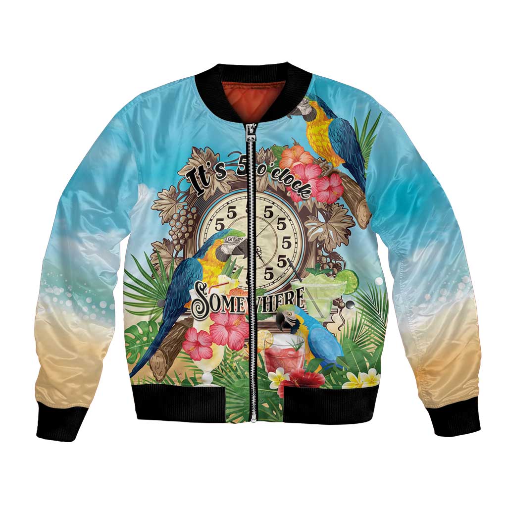Personalized It's 5 o'clock Somewhere Bomber Jacket Hawaiian Tropical Parrots - Wonder Print Shop