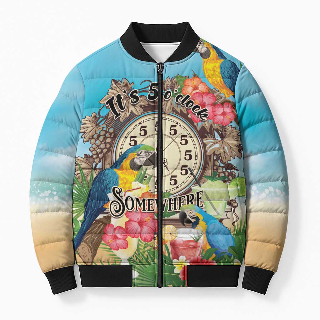 Personalized It's 5 o'clock Somewhere Bomber Puffer Jacket Hawaiian Tropical Parrots - Wonder Print Shop