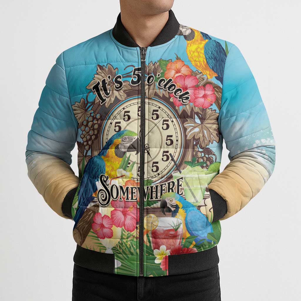 Personalized It's 5 o'clock Somewhere Bomber Puffer Jacket Hawaiian Tropical Parrots - Wonder Print Shop