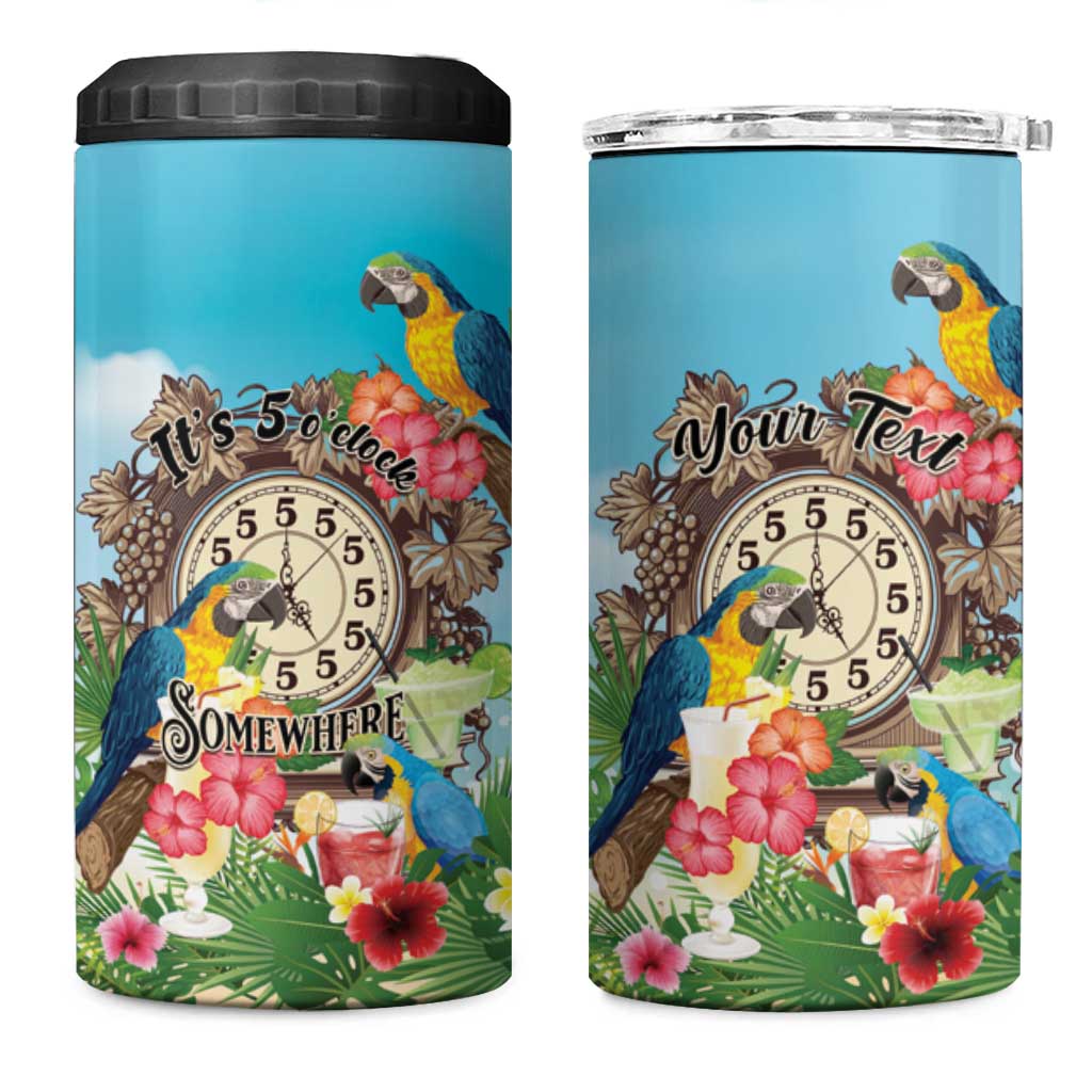 Personalized It's 5 o'clock Somewhere 4 in 1 Can Cooler Tumbler Hawaiian Tropical Parrots - Wonder Print Shop