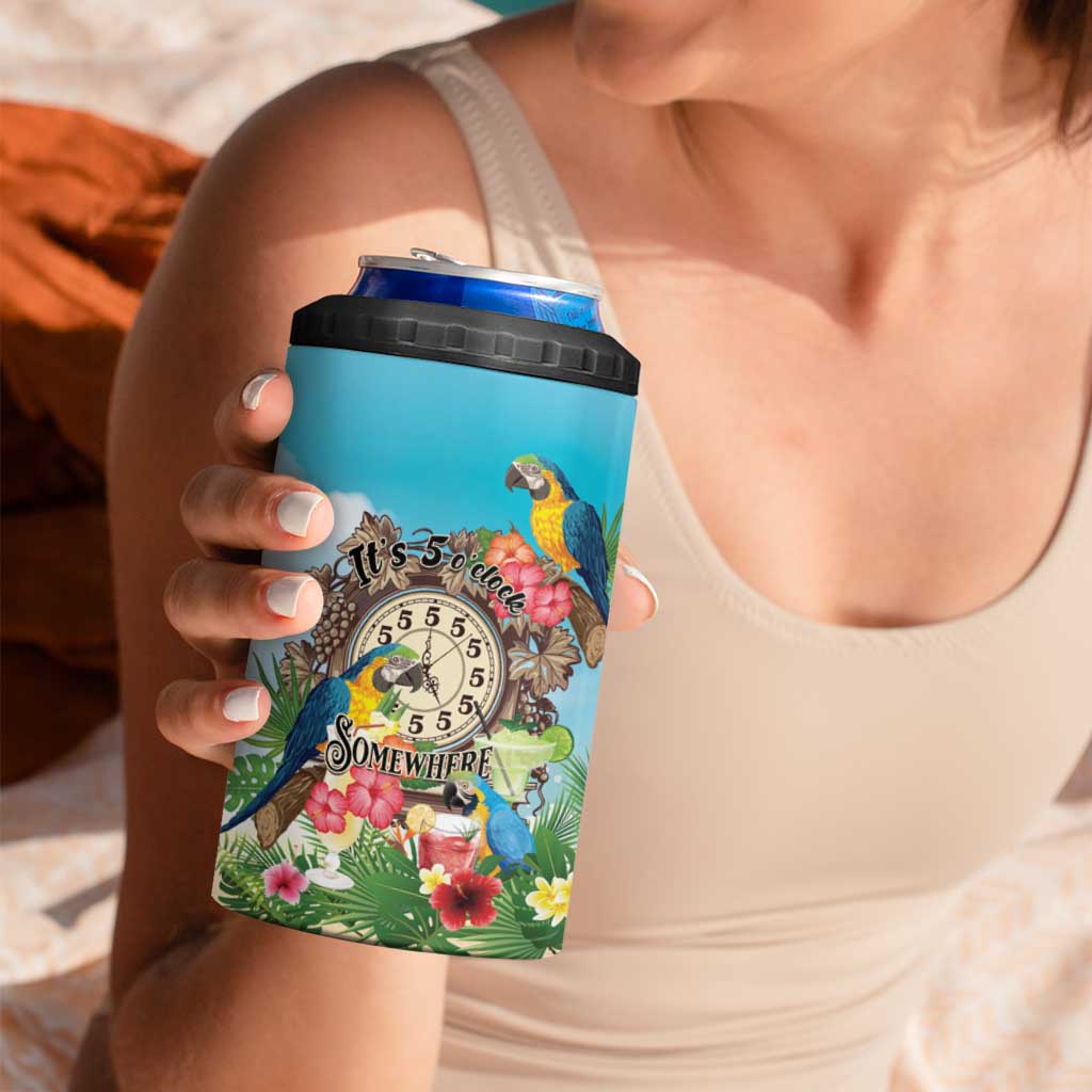 Personalized It's 5 o'clock Somewhere 4 in 1 Can Cooler Tumbler Hawaiian Tropical Parrots - Wonder Print Shop