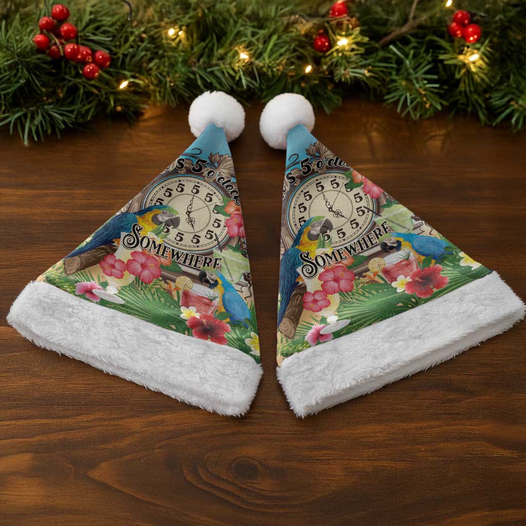It's 5 o'clock Somewhere Christmas Santa Hat Hawaiian Tropical Parrots - Wonder Print Shop