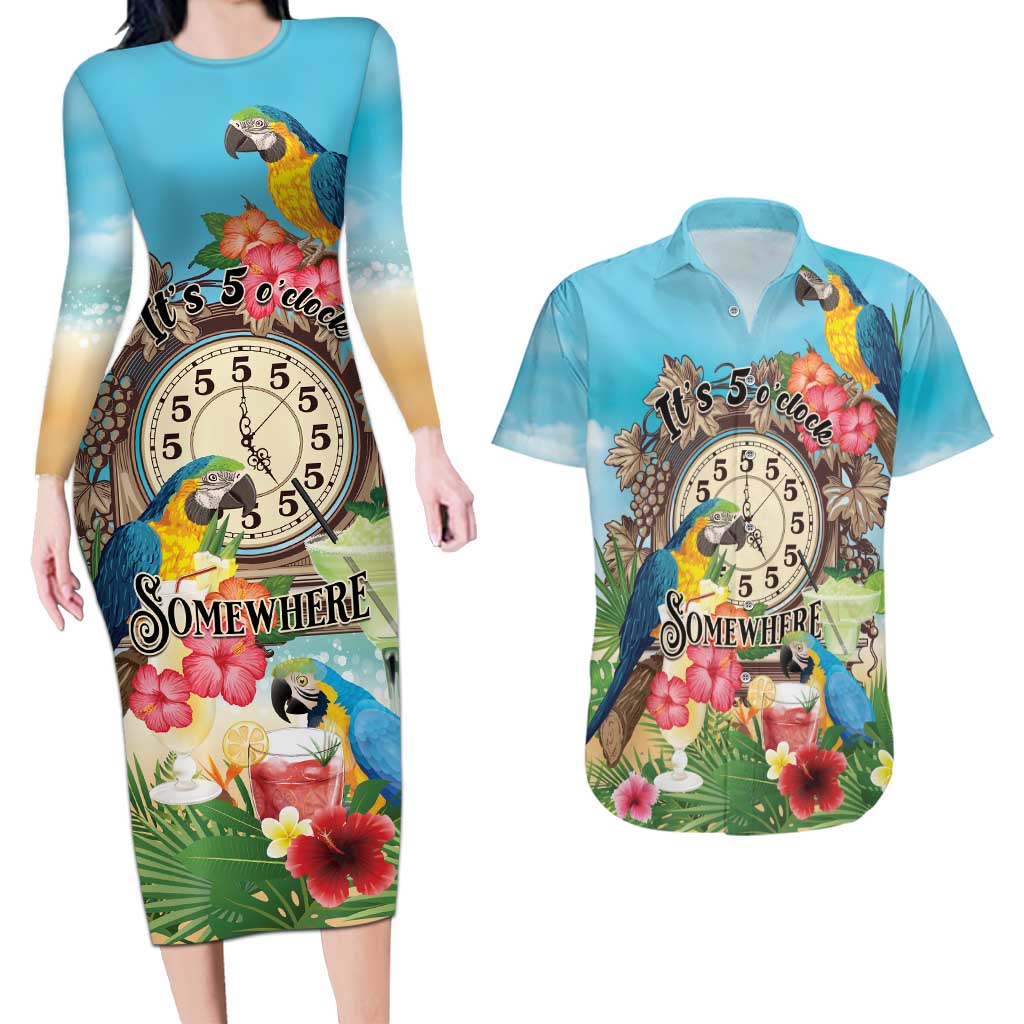 Personalized It's 5 o'clock Somewhere Couples Matching Long Sleeve Bodycon Dress and Hawaiian Shirt Hawaiian Tropical Parrots - Wonder Print Shop