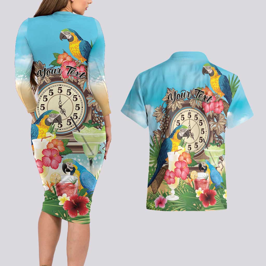 Personalized It's 5 o'clock Somewhere Couples Matching Long Sleeve Bodycon Dress and Hawaiian Shirt Hawaiian Tropical Parrots - Wonder Print Shop