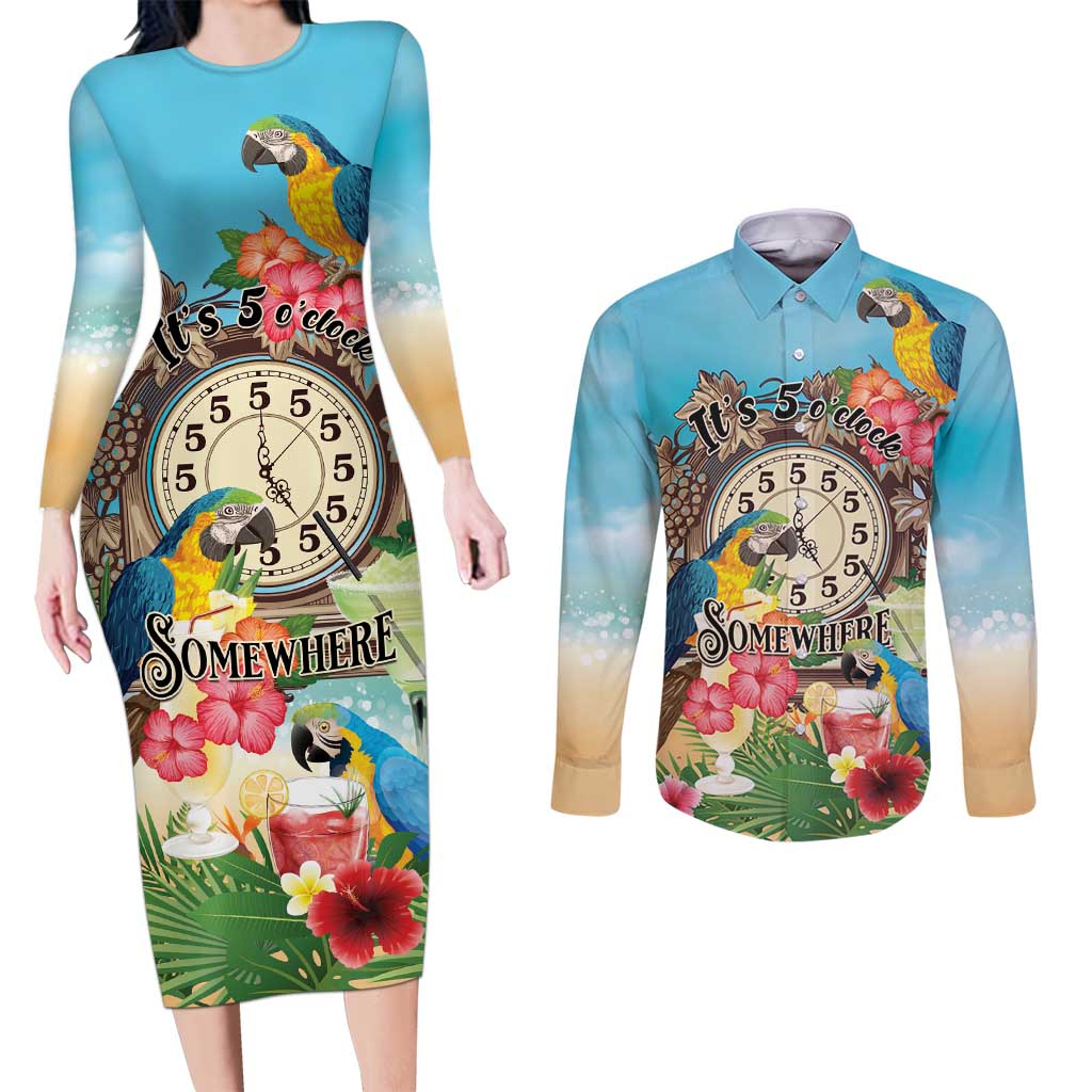 Personalized It's 5 o'clock Somewhere Couples Matching Long Sleeve Bodycon Dress and Long Sleeve Button Shirt Hawaiian Tropical Parrots - Wonder Print Shop