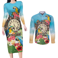 Personalized It's 5 o'clock Somewhere Couples Matching Long Sleeve Bodycon Dress and Long Sleeve Button Shirt Hawaiian Tropical Parrots - Wonder Print Shop