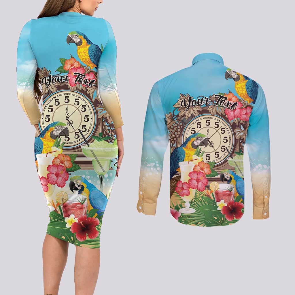Personalized It's 5 o'clock Somewhere Couples Matching Long Sleeve Bodycon Dress and Long Sleeve Button Shirt Hawaiian Tropical Parrots - Wonder Print Shop